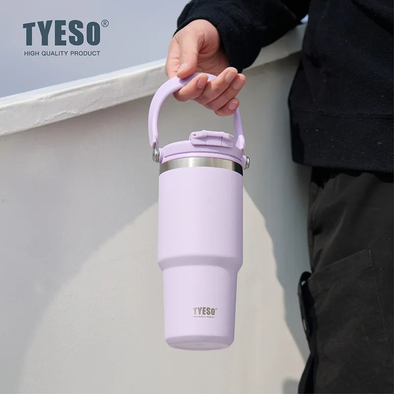 Tyeso Large-Capacity Thermoses Handle Vacuum Cup Dual-Drink Coffee Mug Stainless Steel Ice Cup Car Bottle Hot Cold Retention