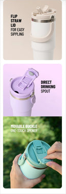 Tyeso Large-Capacity Thermoses Handle Vacuum Cup Dual-Drink Coffee Mug Stainless Steel Ice Cup Car Bottle Hot Cold Retention